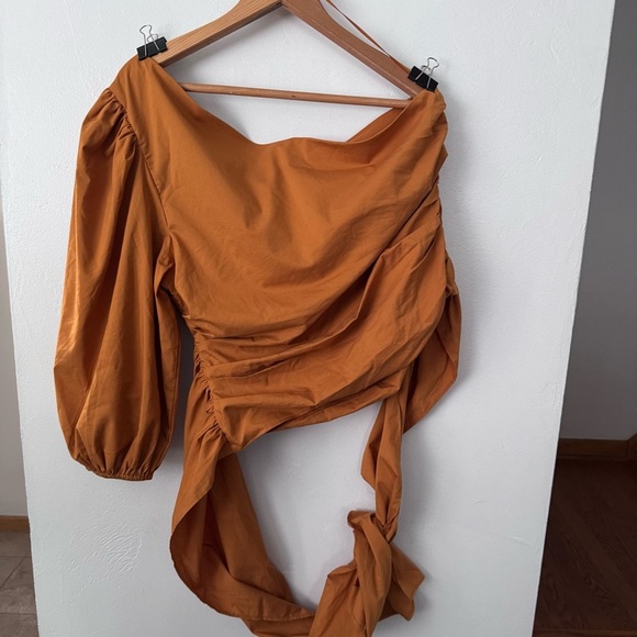 NWT Express one shoulder burt orange/rust cotton tie waist blouse Size XL - Picture 5 of 6